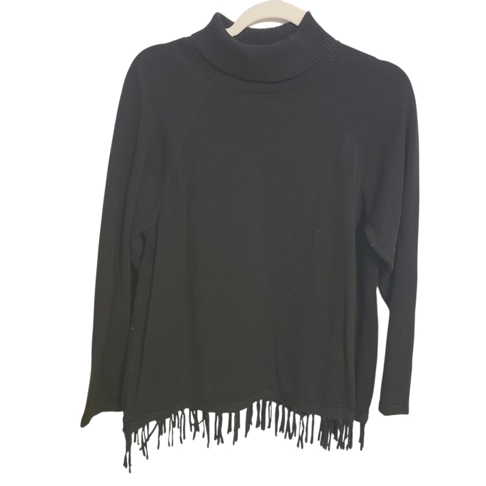 Rafaella | Women's Classic Black Turtleneck Sweater With Fringe (Size XL)